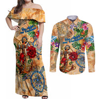 San Andrés and Providencia Couples Matching Off Shoulder Maxi Dress and Long Sleeve Button Shirt Geographic Coordinate Anchor - Turlte Tropical