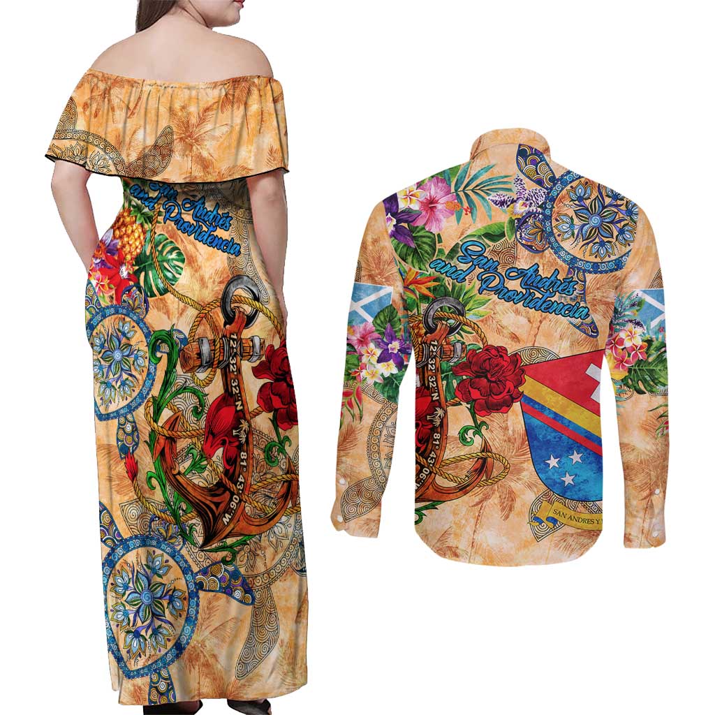 San Andrés and Providencia Couples Matching Off Shoulder Maxi Dress and Long Sleeve Button Shirt Geographic Coordinate Anchor - Turlte Tropical