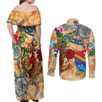San Andrés and Providencia Couples Matching Off Shoulder Maxi Dress and Long Sleeve Button Shirt Geographic Coordinate Anchor - Turlte Tropical