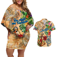 San Andrés and Providencia Couples Matching Off Shoulder Short Dress and Hawaiian Shirt Geographic Coordinate Anchor - Turlte Tropical