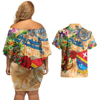 San Andrés and Providencia Couples Matching Off Shoulder Short Dress and Hawaiian Shirt Geographic Coordinate Anchor - Turlte Tropical