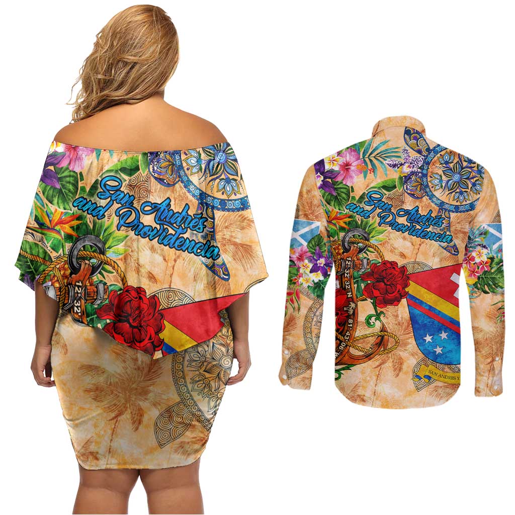 San Andrés and Providencia Couples Matching Off Shoulder Short Dress and Long Sleeve Button Shirt Geographic Coordinate Anchor - Turlte Tropical
