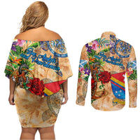 San Andrés and Providencia Couples Matching Off Shoulder Short Dress and Long Sleeve Button Shirt Geographic Coordinate Anchor - Turlte Tropical