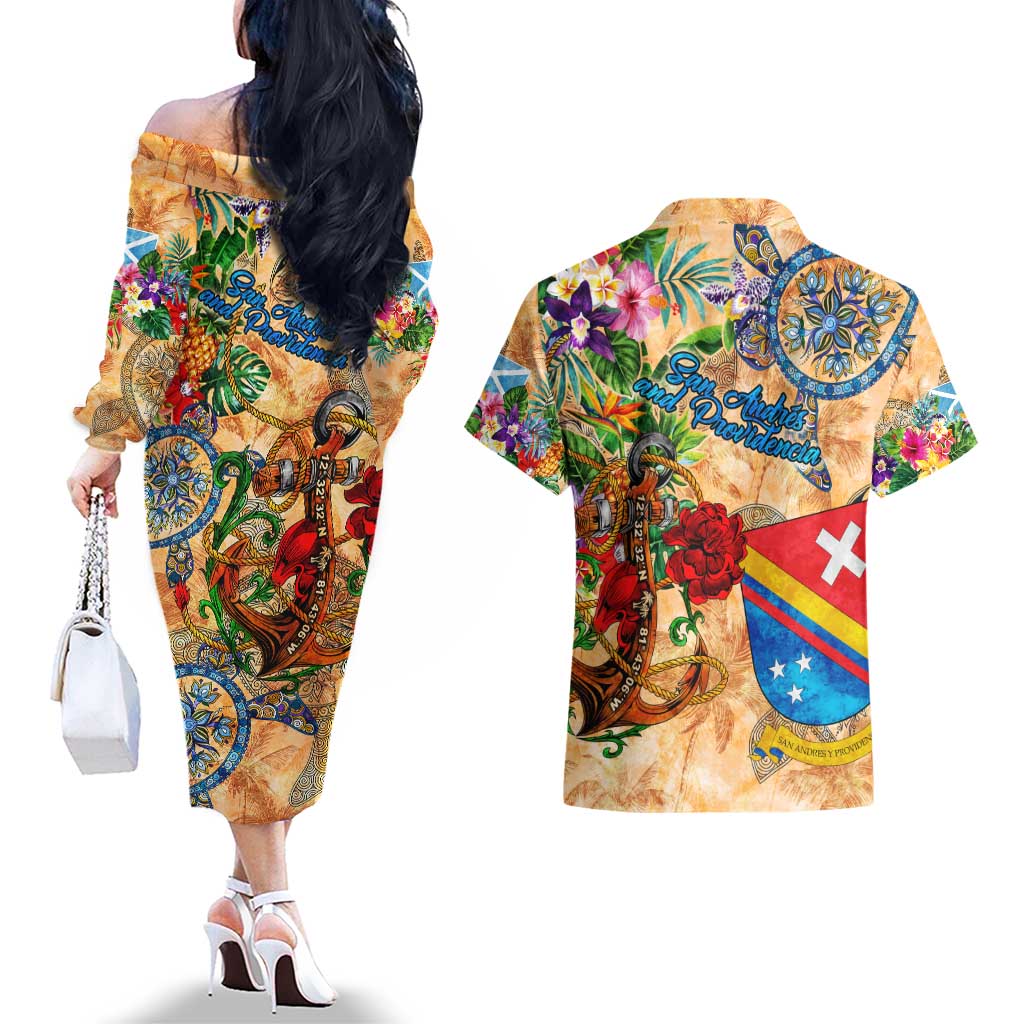 San Andrés and Providencia Couples Matching Off The Shoulder Long Sleeve Dress and Hawaiian Shirt Geographic Coordinate Anchor - Turlte Tropical