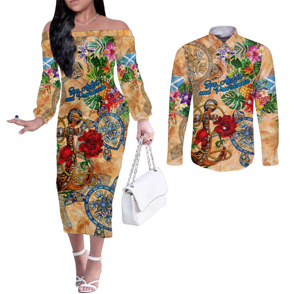 San Andrés and Providencia Couples Matching Off The Shoulder Long Sleeve Dress and Long Sleeve Button Shirt Geographic Coordinate Anchor - Turlte Tropical
