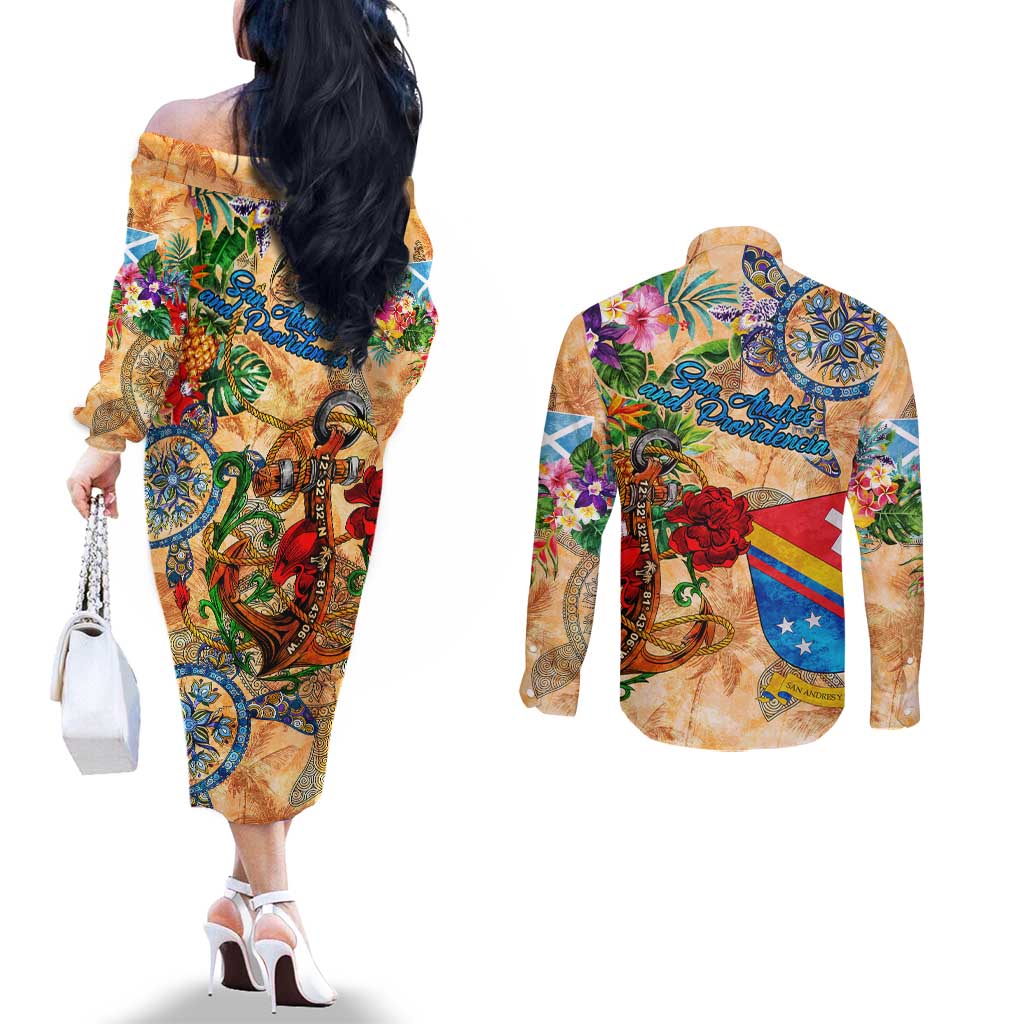 San Andrés and Providencia Couples Matching Off The Shoulder Long Sleeve Dress and Long Sleeve Button Shirt Geographic Coordinate Anchor - Turlte Tropical