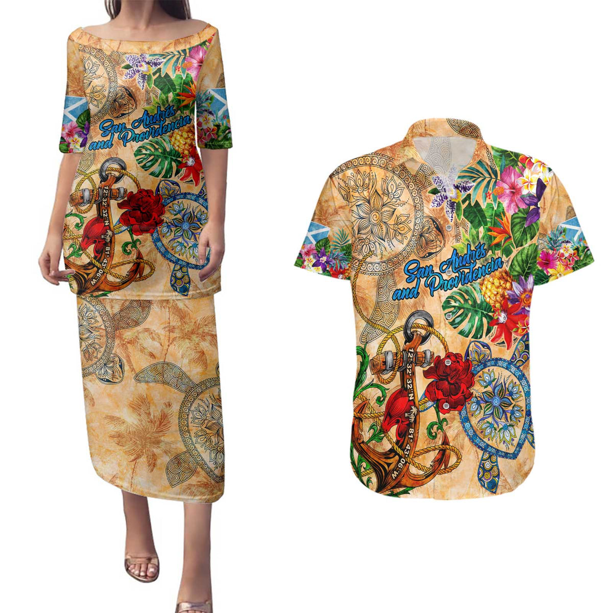 San Andrés and Providencia Couples Matching Puletasi and Hawaiian Shirt Geographic Coordinate Anchor - Turlte Tropical