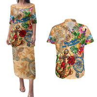 San Andrés and Providencia Couples Matching Puletasi and Hawaiian Shirt Geographic Coordinate Anchor - Turlte Tropical