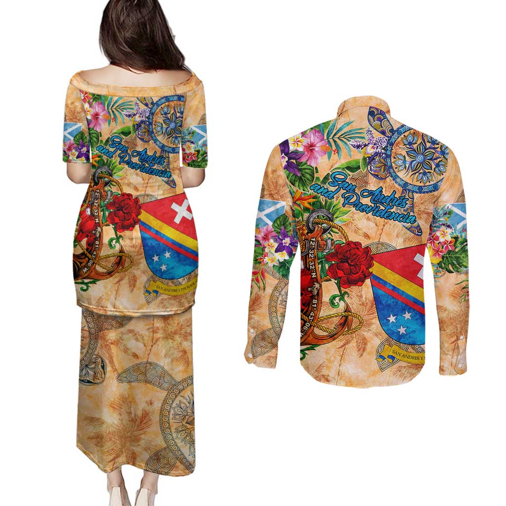 San Andrés and Providencia Couples Matching Puletasi and Long Sleeve Button Shirt Geographic Coordinate Anchor - Turlte Tropical