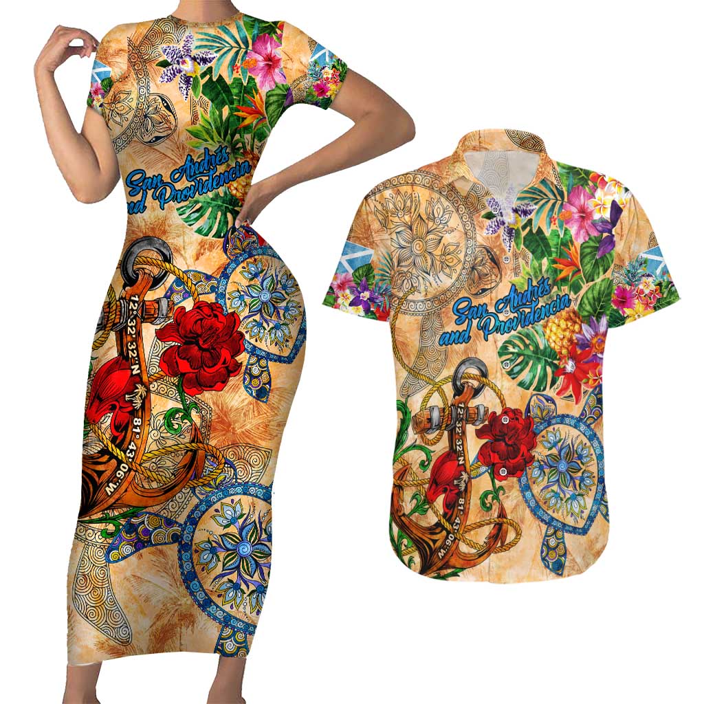 San Andrés and Providencia Couples Matching Short Sleeve Bodycon Dress and Hawaiian Shirt Geographic Coordinate Anchor - Turlte Tropical