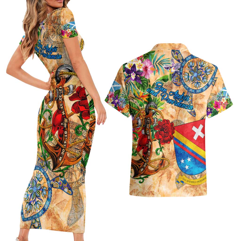 San Andrés and Providencia Couples Matching Short Sleeve Bodycon Dress and Hawaiian Shirt Geographic Coordinate Anchor - Turlte Tropical