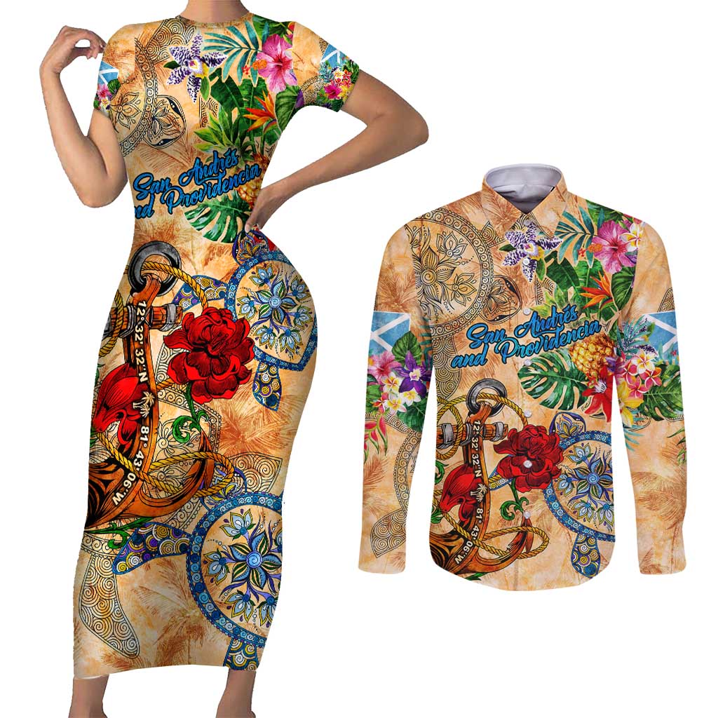 San Andrés and Providencia Couples Matching Short Sleeve Bodycon Dress and Long Sleeve Button Shirt Geographic Coordinate Anchor - Turlte Tropical