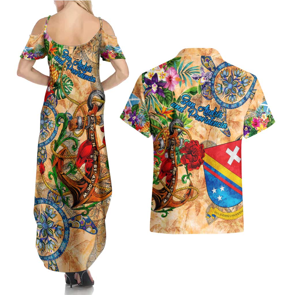 San Andrés and Providencia Couples Matching Summer Maxi Dress and Hawaiian Shirt Geographic Coordinate Anchor - Turlte Tropical