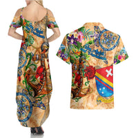 San Andrés and Providencia Couples Matching Summer Maxi Dress and Hawaiian Shirt Geographic Coordinate Anchor - Turlte Tropical