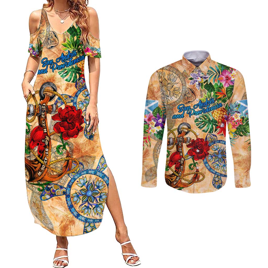 San Andrés and Providencia Couples Matching Summer Maxi Dress and Long Sleeve Button Shirt Geographic Coordinate Anchor - Turlte Tropical