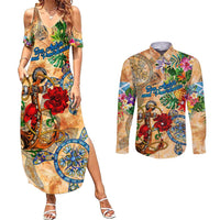 San Andrés and Providencia Couples Matching Summer Maxi Dress and Long Sleeve Button Shirt Geographic Coordinate Anchor - Turlte Tropical