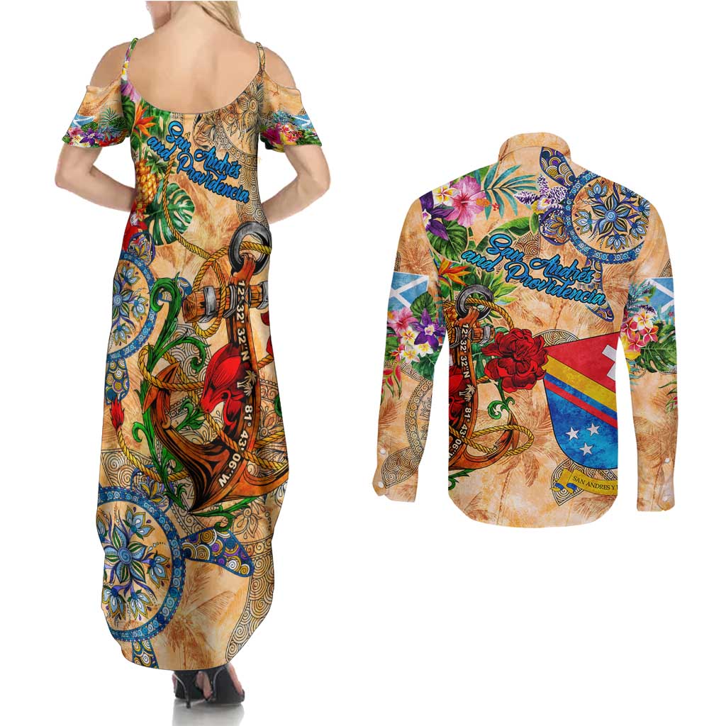 San Andrés and Providencia Couples Matching Summer Maxi Dress and Long Sleeve Button Shirt Geographic Coordinate Anchor - Turlte Tropical