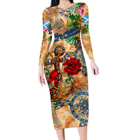 San Andrés and Providencia Family Matching Long Sleeve Bodycon Dress and Hawaiian Shirt Geographic Coordinate Anchor - Turlte Tropical