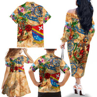 San Andrés and Providencia Family Matching Off The Shoulder Long Sleeve Dress and Hawaiian Shirt Geographic Coordinate Anchor - Turlte Tropical