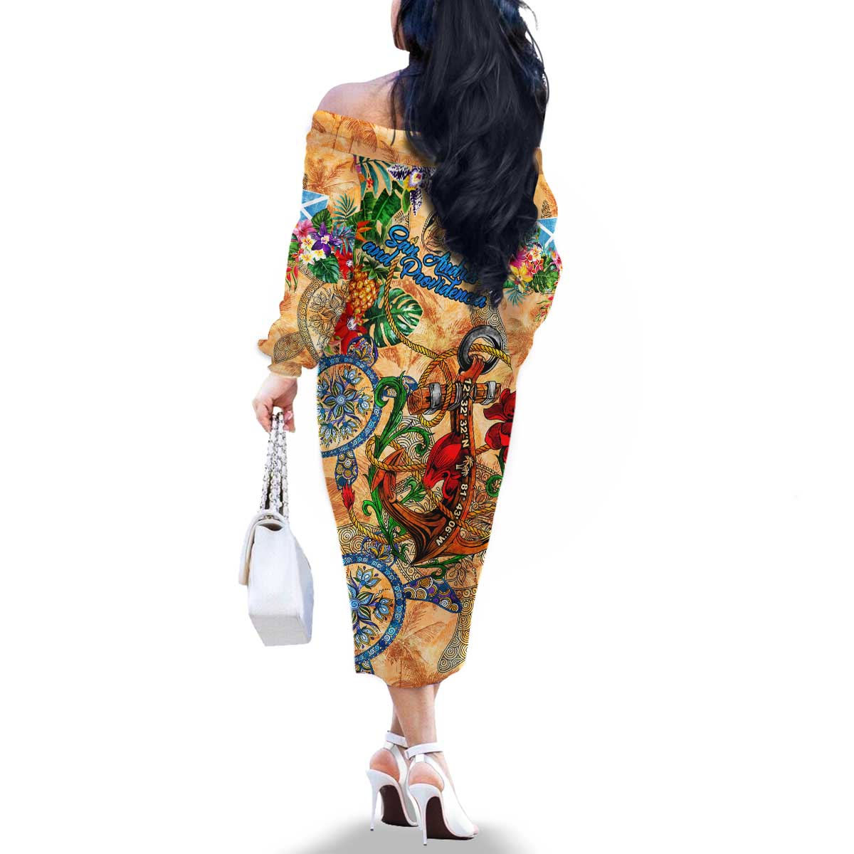 San Andrés and Providencia Family Matching Off The Shoulder Long Sleeve Dress and Hawaiian Shirt Geographic Coordinate Anchor - Turlte Tropical