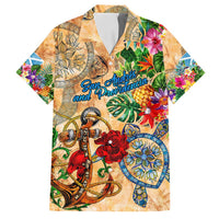 San Andrés and Providencia Family Matching Off Shoulder Short Dress and Hawaiian Shirt Geographic Coordinate Anchor - Turlte Tropical