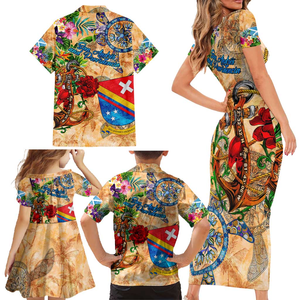 San Andrés and Providencia Family Matching Short Sleeve Bodycon Dress and Hawaiian Shirt Geographic Coordinate Anchor - Turlte Tropical