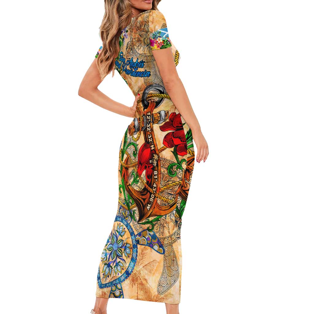 San Andrés and Providencia Family Matching Short Sleeve Bodycon Dress and Hawaiian Shirt Geographic Coordinate Anchor - Turlte Tropical