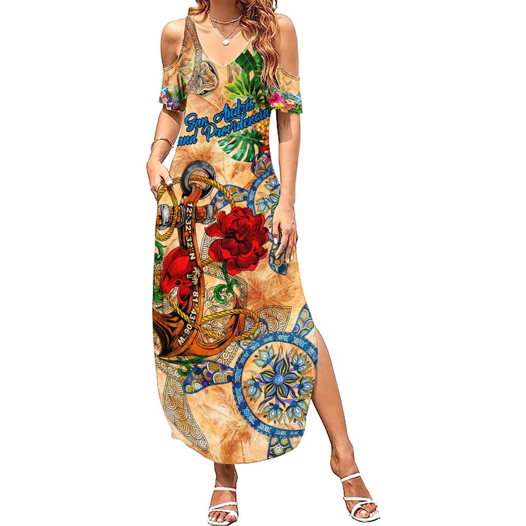 San Andrés and Providencia Family Matching Summer Maxi Dress and Hawaiian Shirt Geographic Coordinate Anchor - Turlte Tropical