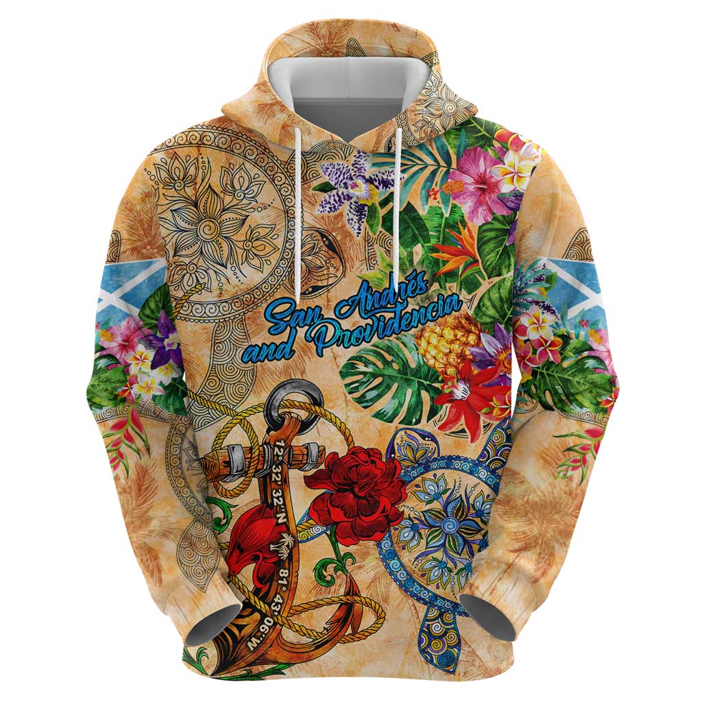 San Andrés and Providencia Hoodie Geographic Coordinate Anchor - Turlte Tropical
