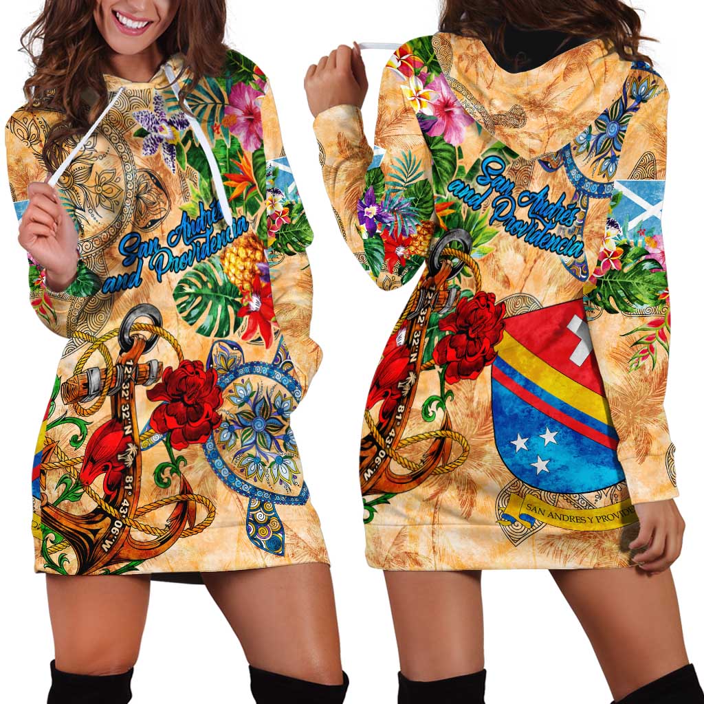 San Andrés and Providencia Hoodie Dress Geographic Coordinate Anchor - Turlte Tropical