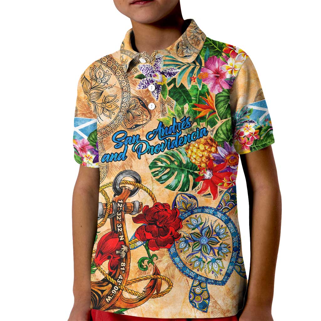 San Andrés and Providencia Kid Polo Shirt Geographic Coordinate Anchor - Turlte Tropical