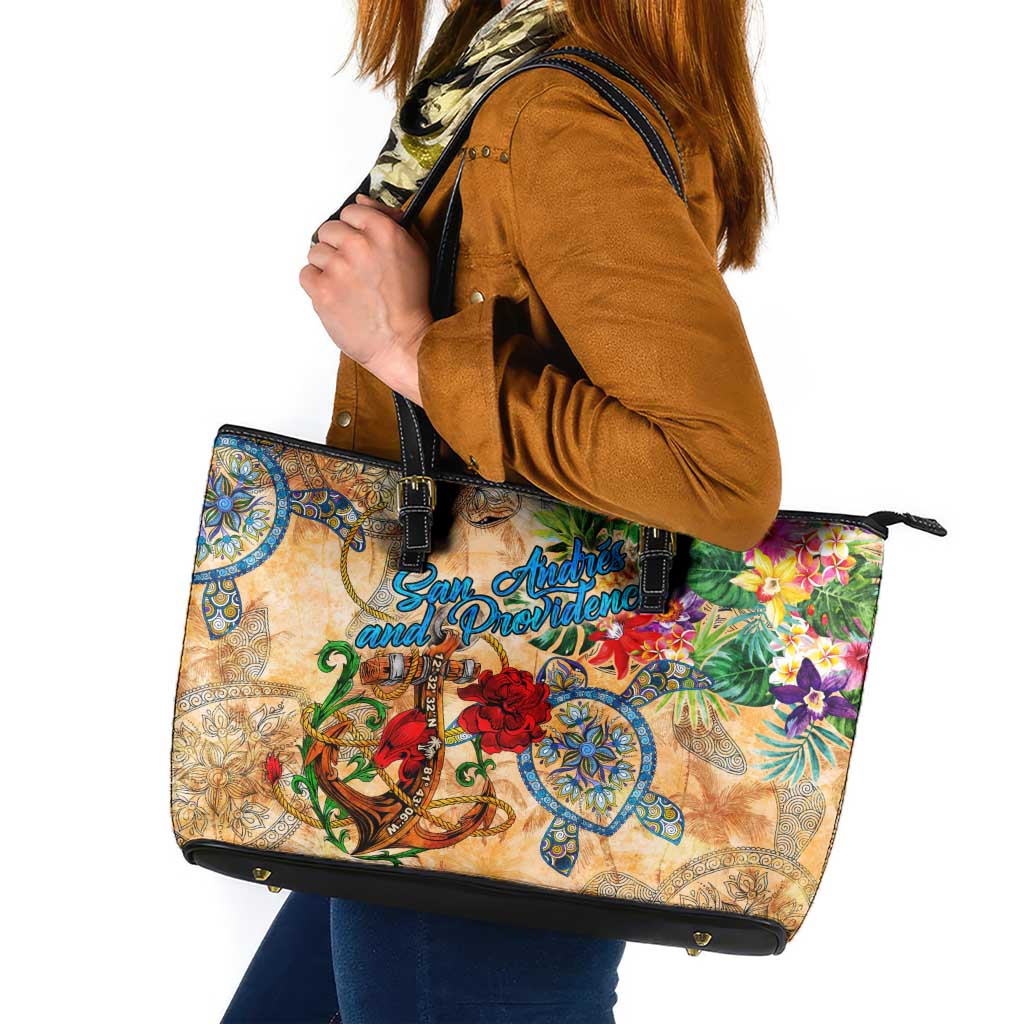 San Andrés and Providencia Leather Tote Bag Geographic Coordinate Anchor - Turlte Tropical
