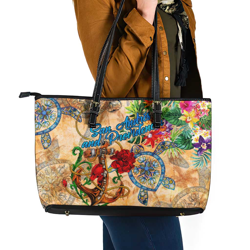 San Andrés and Providencia Leather Tote Bag Geographic Coordinate Anchor - Turlte Tropical