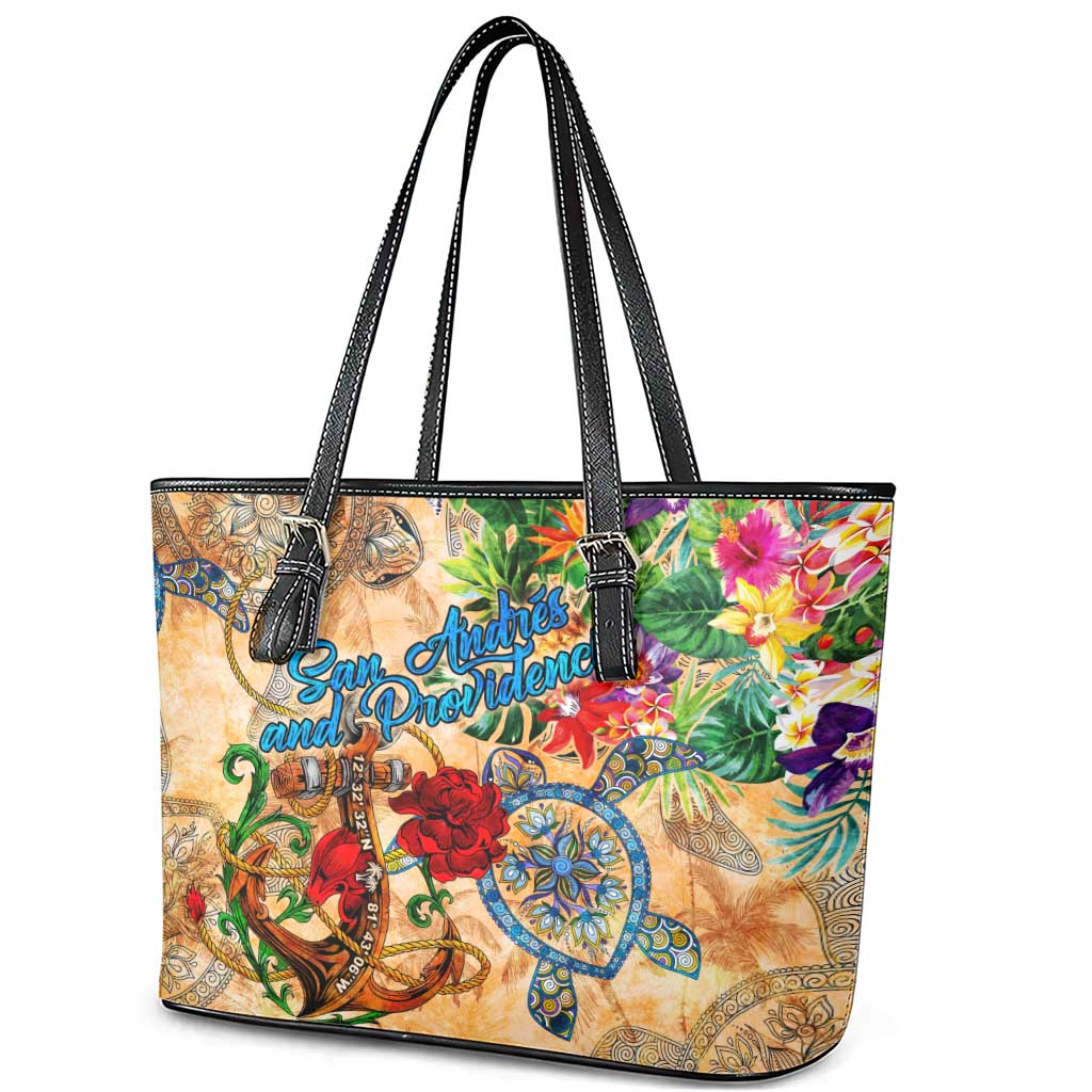 San Andrés and Providencia Leather Tote Bag Geographic Coordinate Anchor - Turlte Tropical
