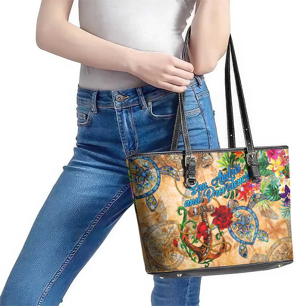 San Andrés and Providencia Leather Tote Bag Geographic Coordinate Anchor - Turlte Tropical