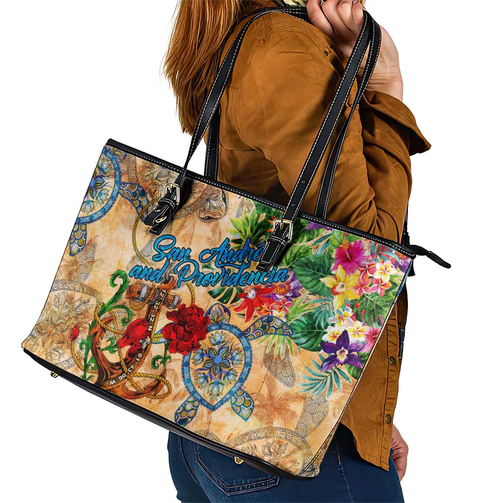 San Andrés and Providencia Leather Tote Bag Geographic Coordinate Anchor - Turlte Tropical