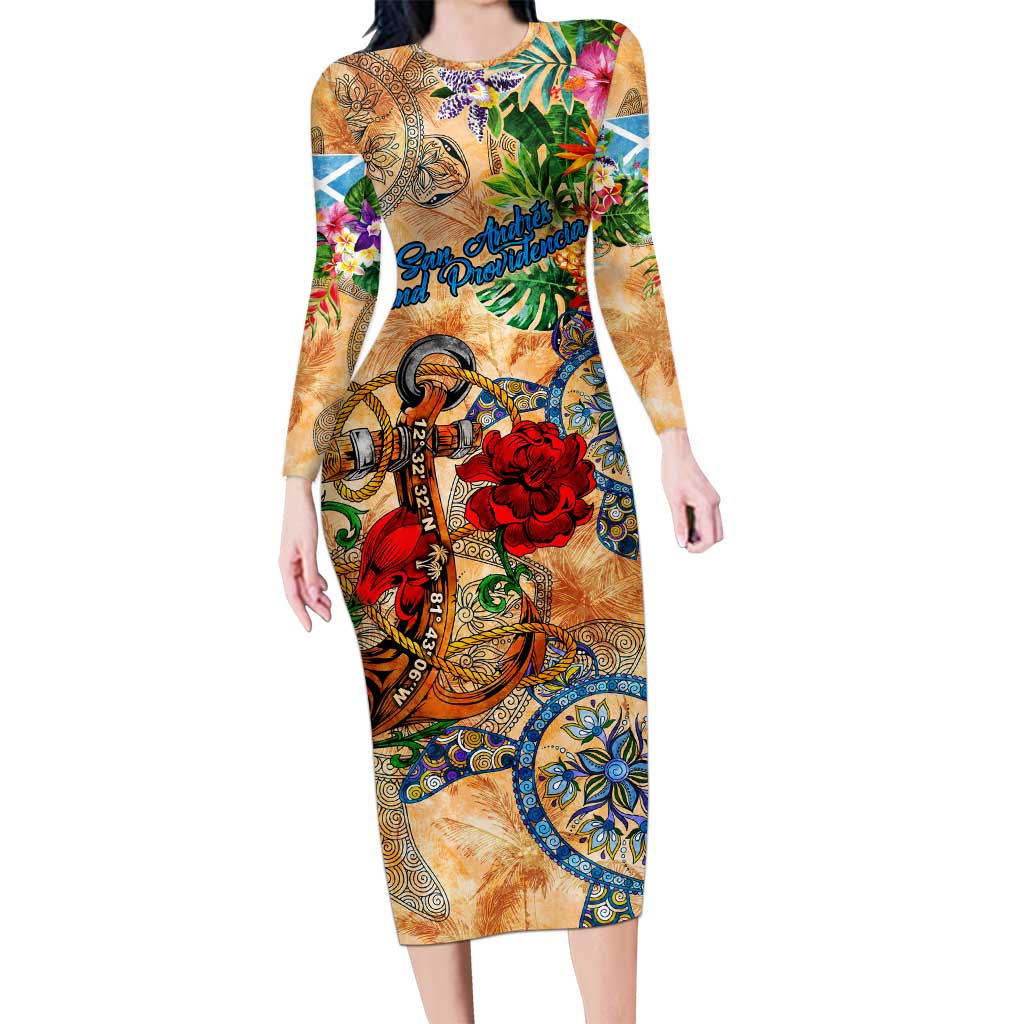 San Andrés and Providencia Long Sleeve Bodycon Dress Geographic Coordinate Anchor - Turlte Tropical