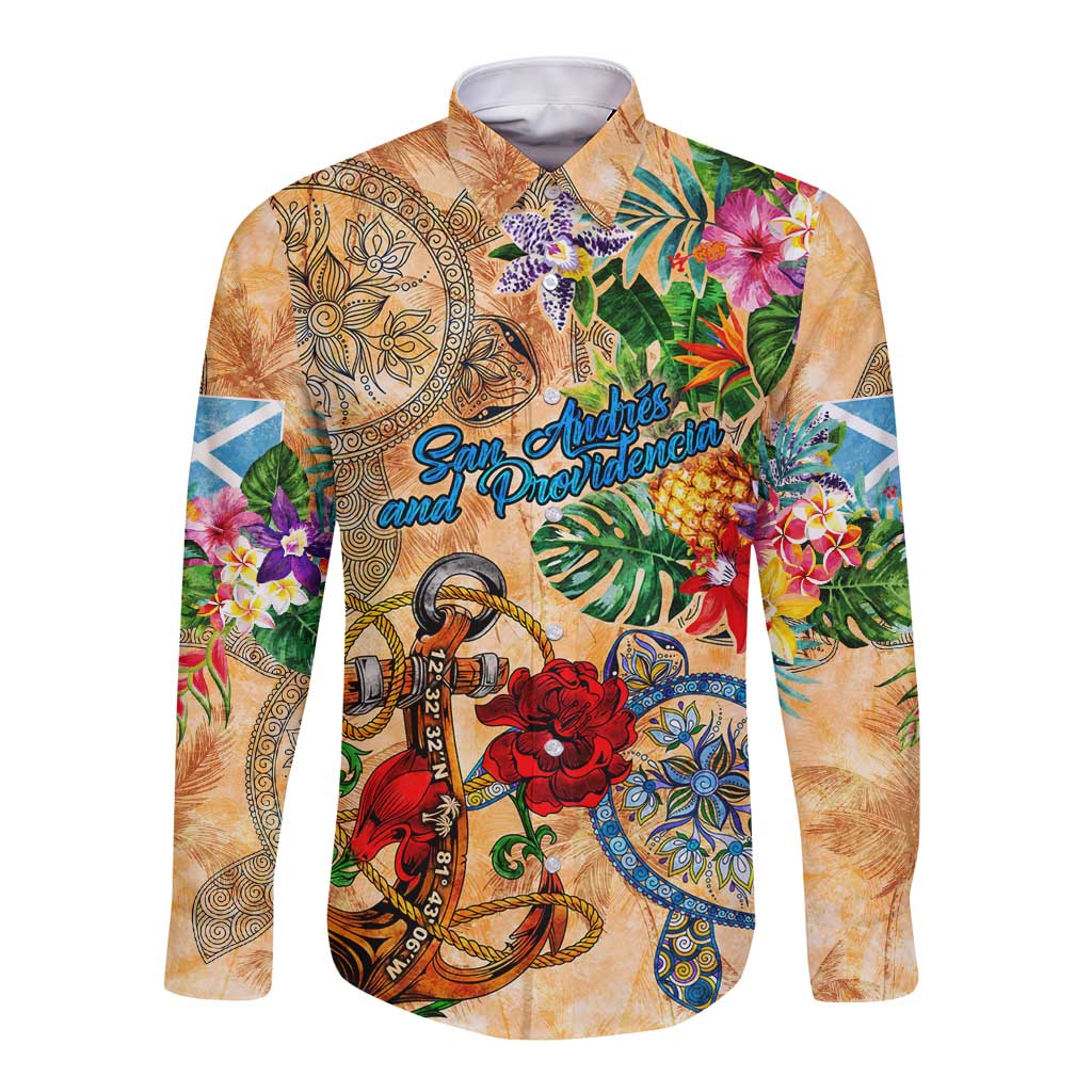 San Andrés and Providencia Long Sleeve Button Shirt Geographic Coordinate Anchor - Turlte Tropical