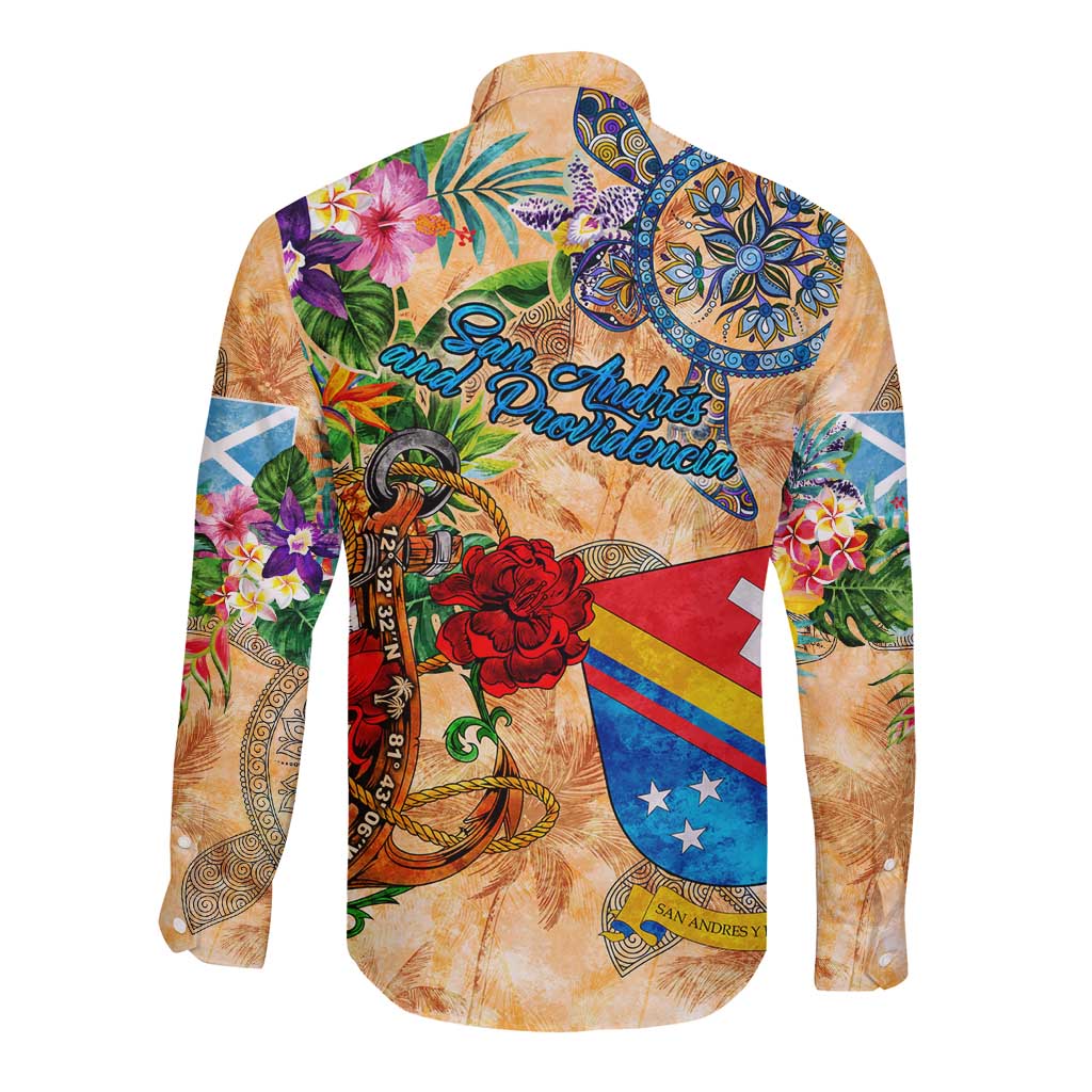San Andrés and Providencia Long Sleeve Button Shirt Geographic Coordinate Anchor - Turlte Tropical