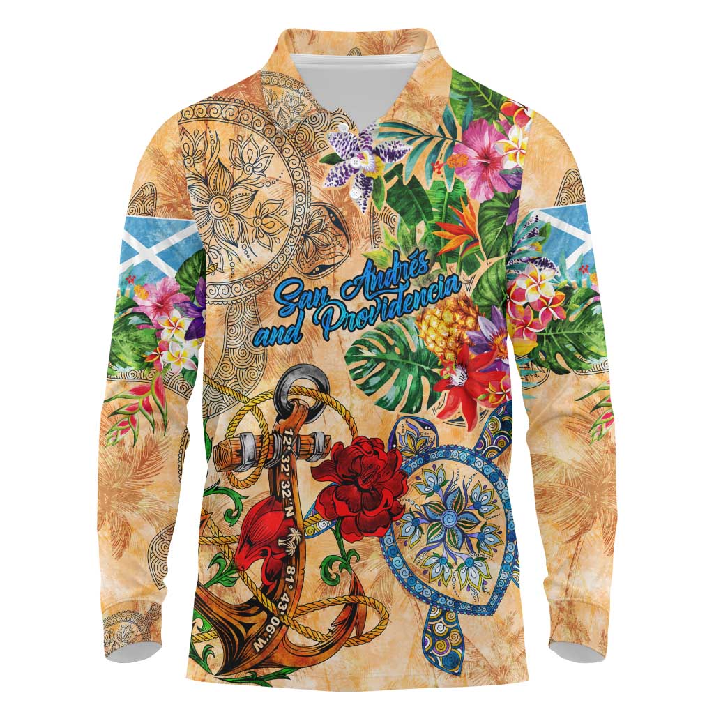 San Andrés and Providencia Long Sleeve Polo Shirt Geographic Coordinate Anchor - Turlte Tropical