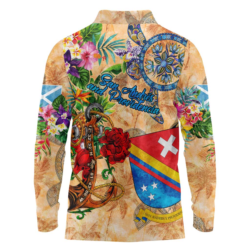 San Andrés and Providencia Long Sleeve Polo Shirt Geographic Coordinate Anchor - Turlte Tropical