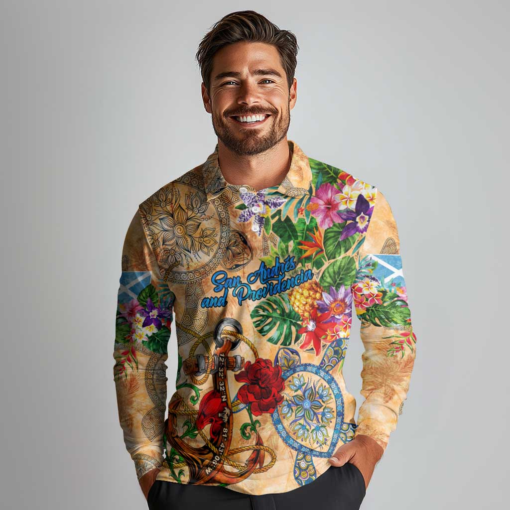 San Andrés and Providencia Long Sleeve Polo Shirt Geographic Coordinate Anchor - Turlte Tropical