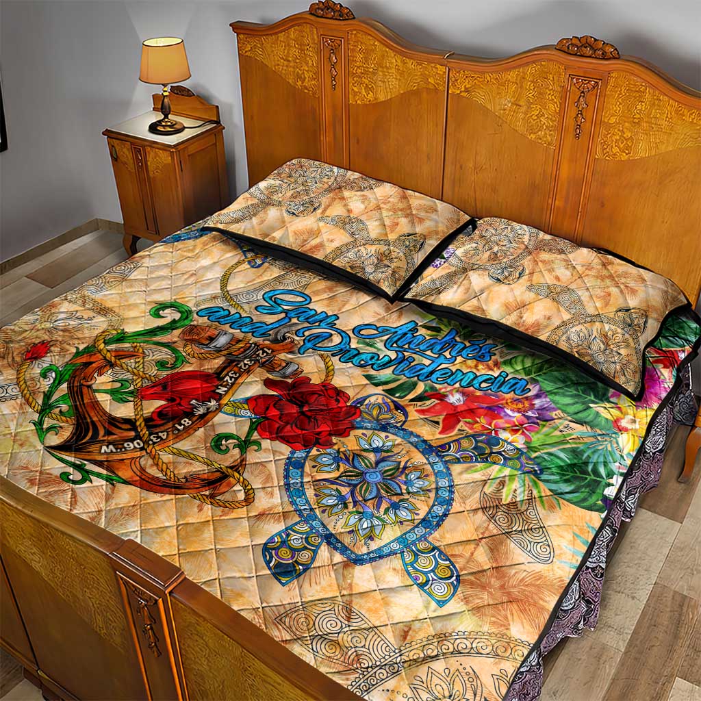San Andrés and Providencia Quilt Bed Set Geographic Coordinate Anchor - Turlte Tropical
