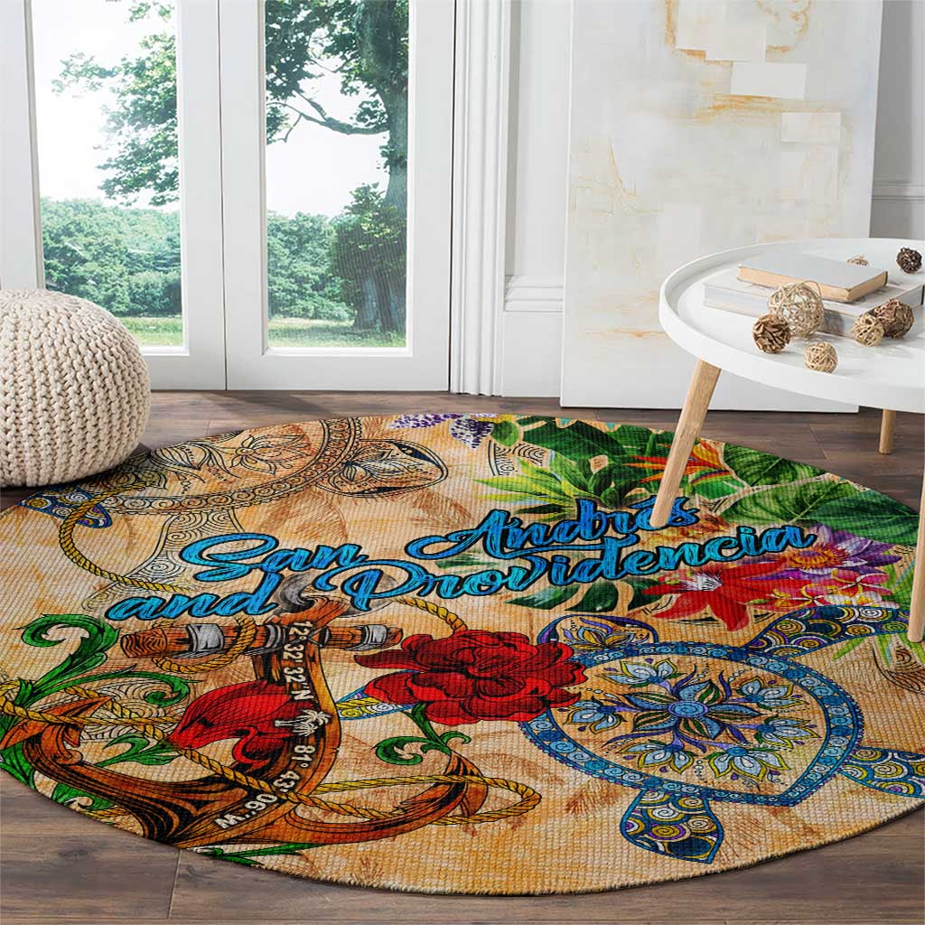 San Andrés and Providencia Round Carpet Geographic Coordinate Anchor - Turlte Tropical
