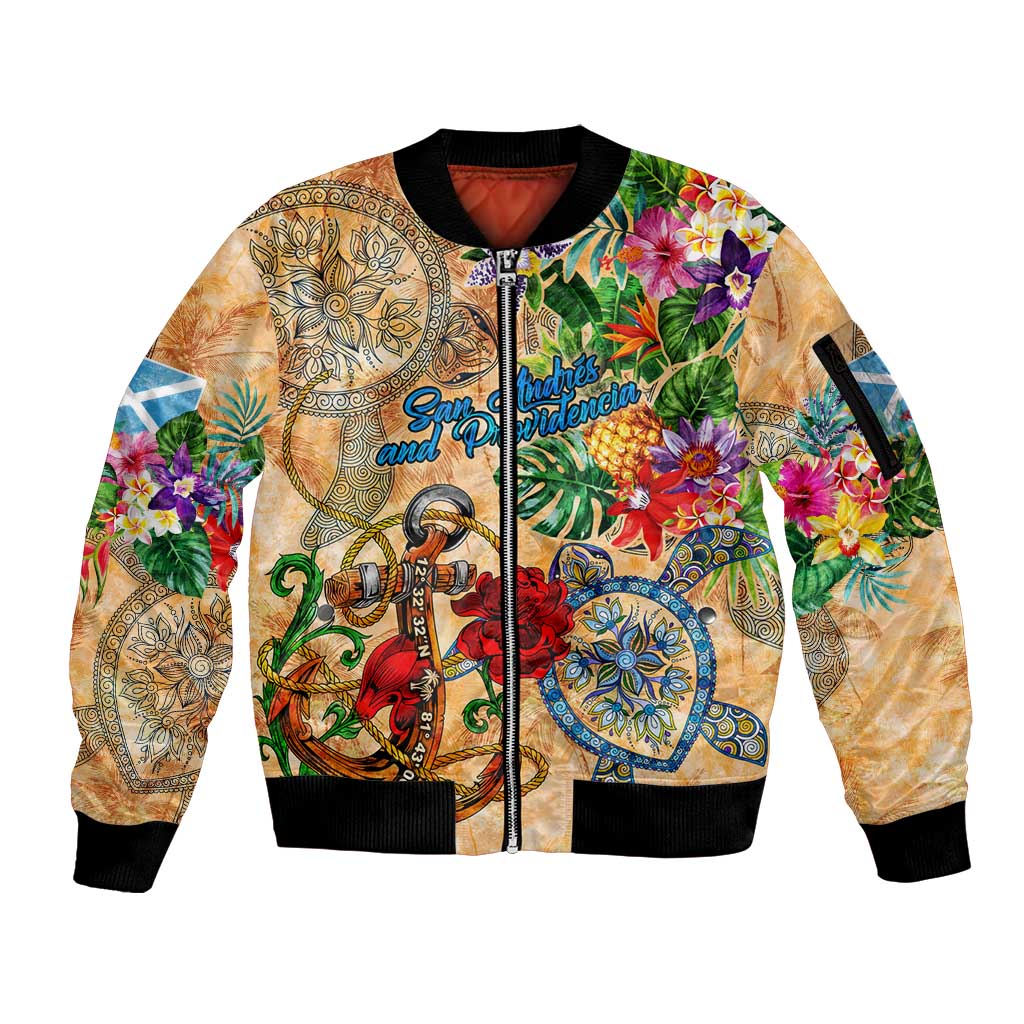 San Andrés and Providencia Sleeve Zip Bomber Jacket Geographic Coordinate Anchor - Turlte Tropical