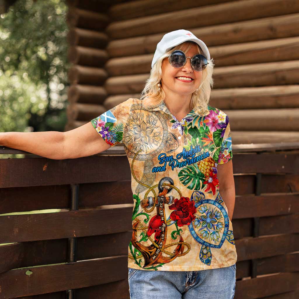 San Andrés and Providencia Women Polo Shirt Geographic Coordinate Anchor - Turlte Tropical