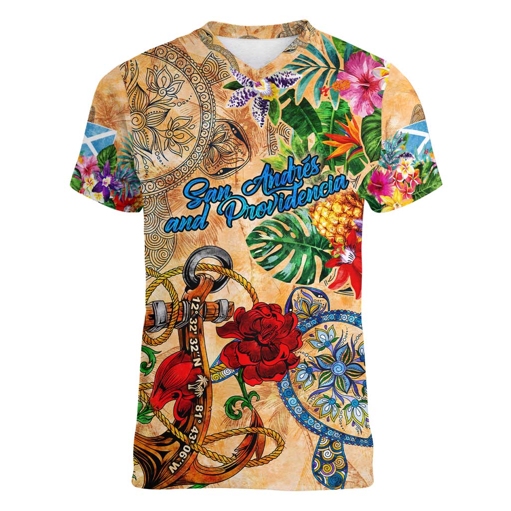 San Andrés and Providencia Women V-Neck T-Shirt Geographic Coordinate Anchor - Turlte Tropical