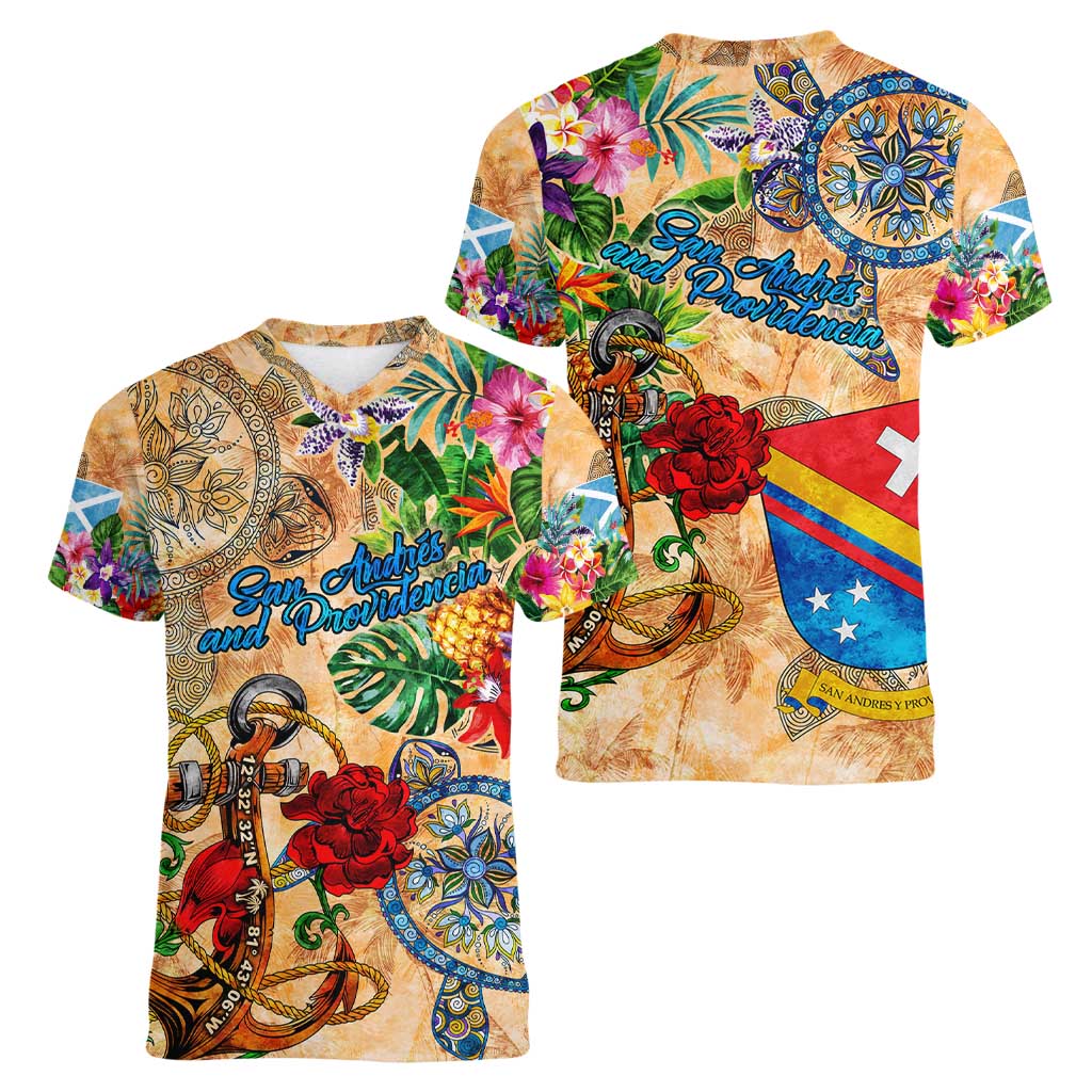 San Andrés and Providencia Women V-Neck T-Shirt Geographic Coordinate Anchor - Turlte Tropical