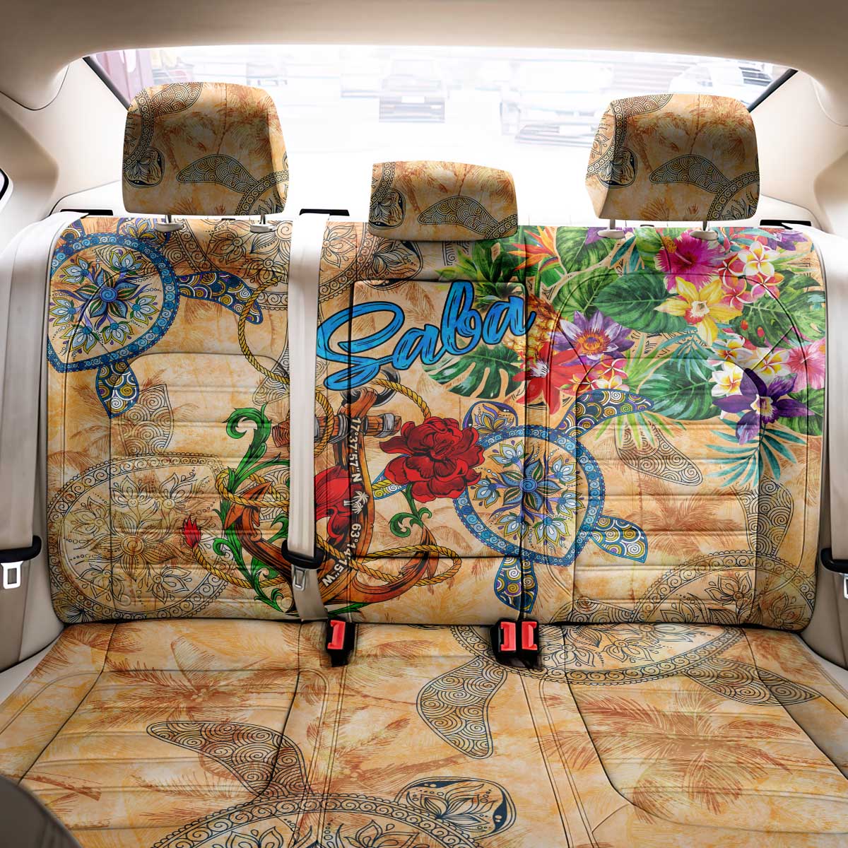 Saba Back Car Seat Cover Geographic Coordinate Anchor - Turlte Tropical