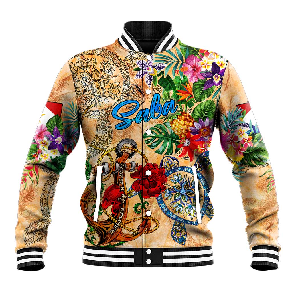 Saba Baseball Jacket Geographic Coordinate Anchor - Turlte Tropical